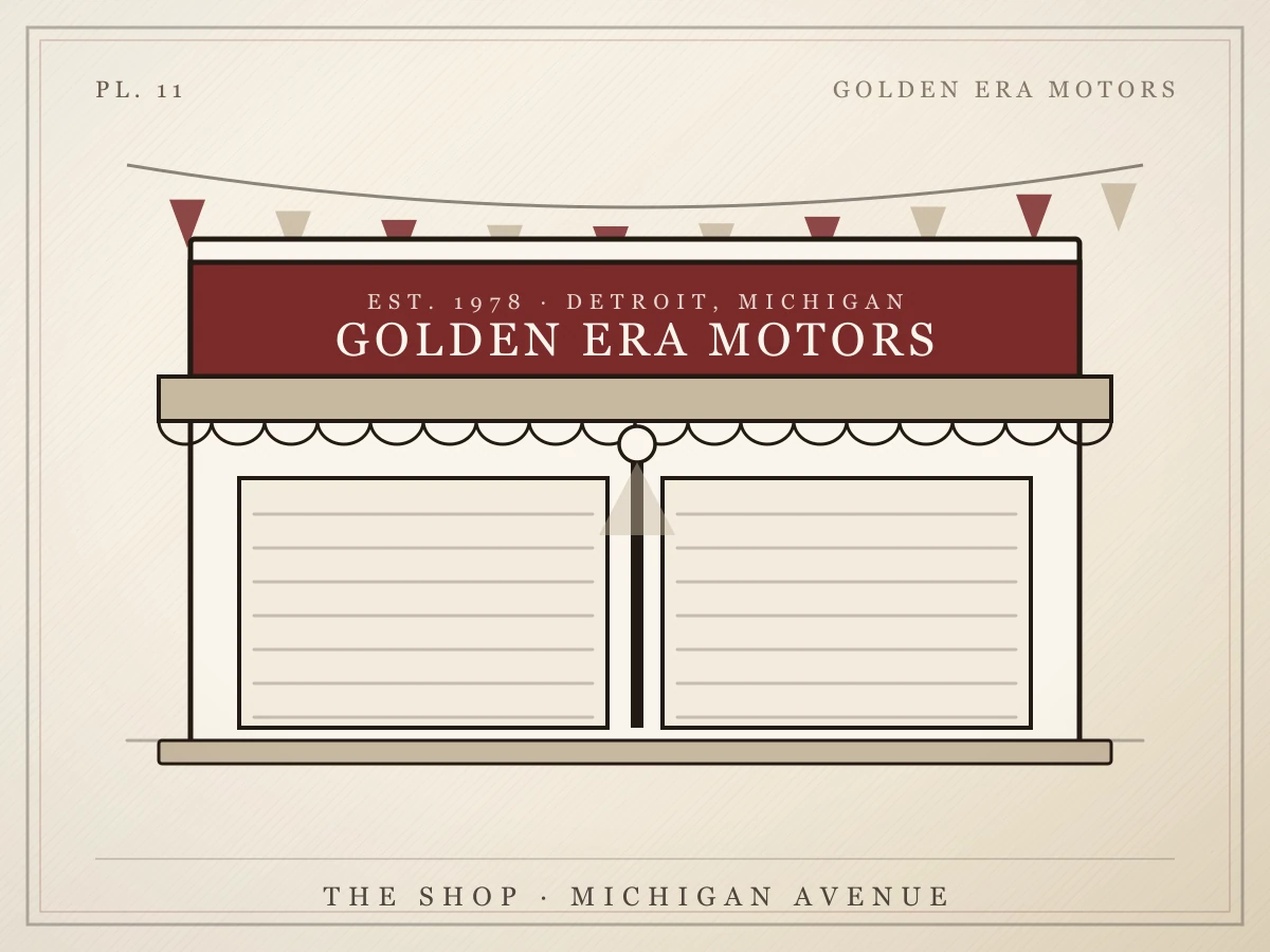 Illustration of the Golden Era Motors garage on Michigan Avenue with its sign, awning and two roll-up doors
