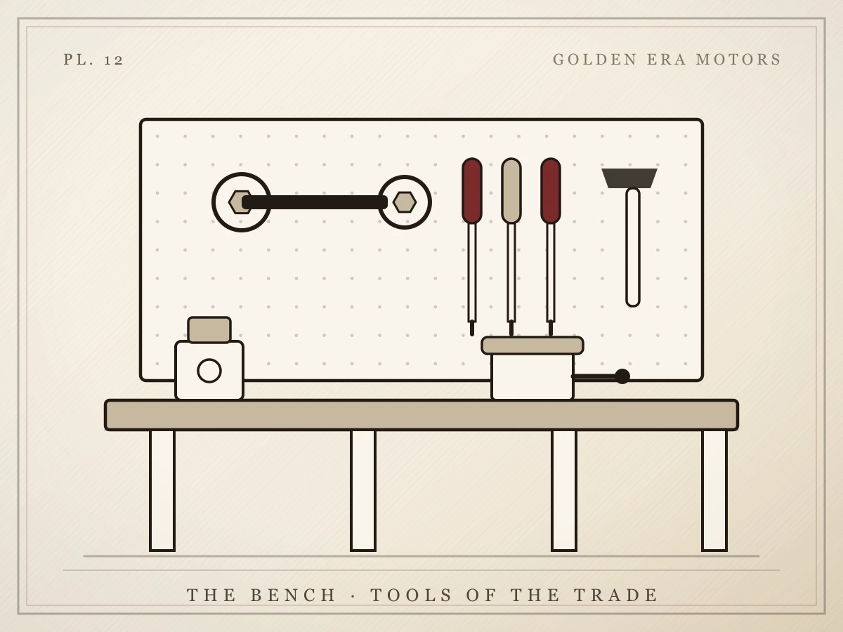 Illustration of a pegboard tool wall above a workbench with a vise
