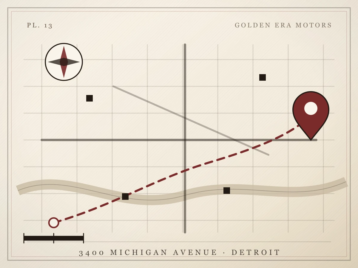 Illustration of a road map with a dashed route ending at a pin on Michigan Avenue
