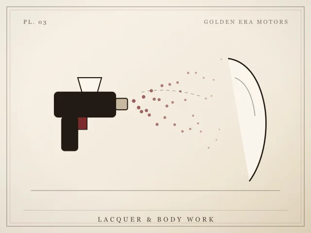 Illustration of a spray gun laying a fan of paint onto a car panel
