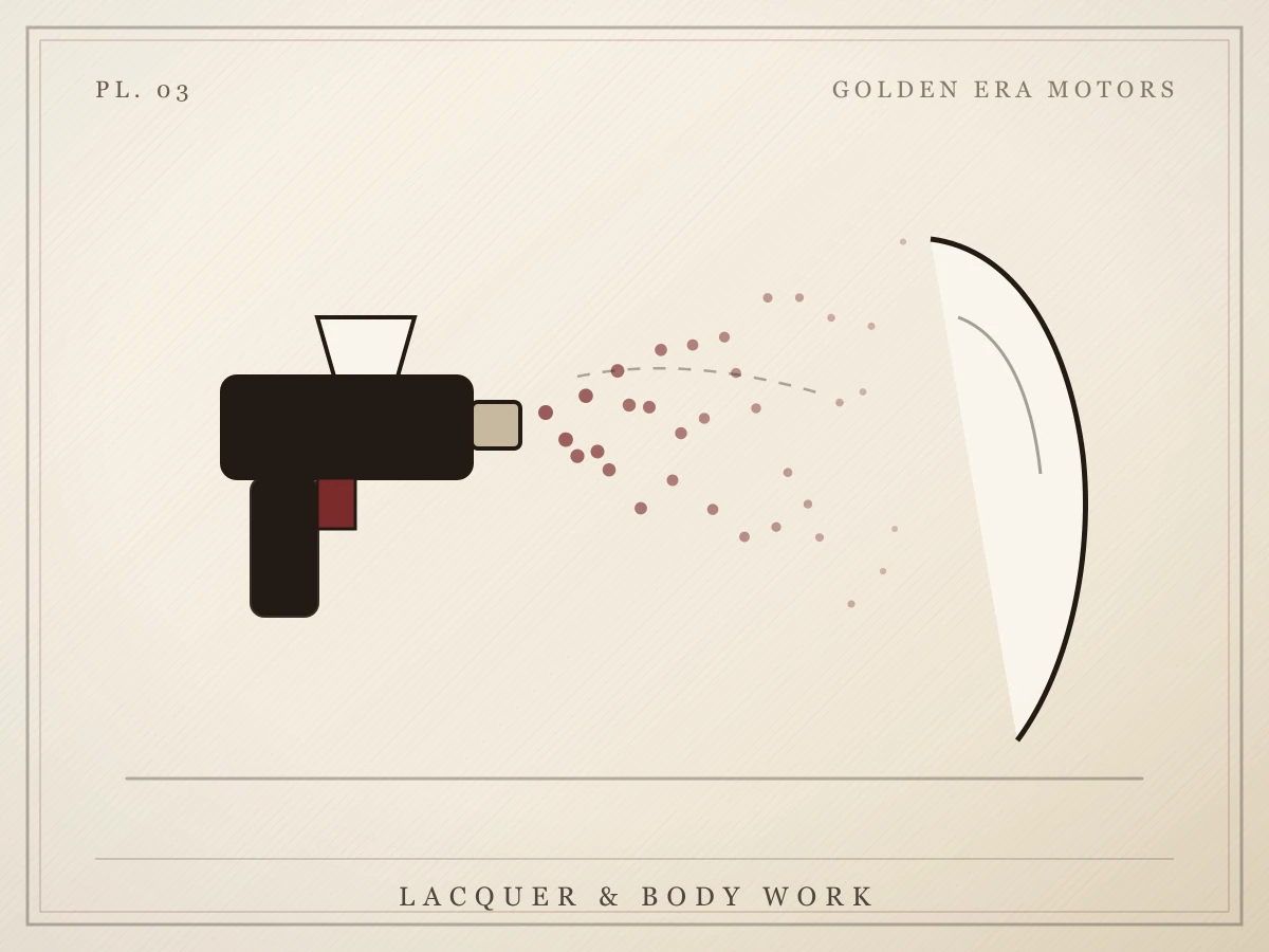 Illustration of a spray gun laying a fan of paint onto a car panel