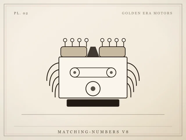 Illustration of a V8 engine block with valve covers, spark plugs and belt drive