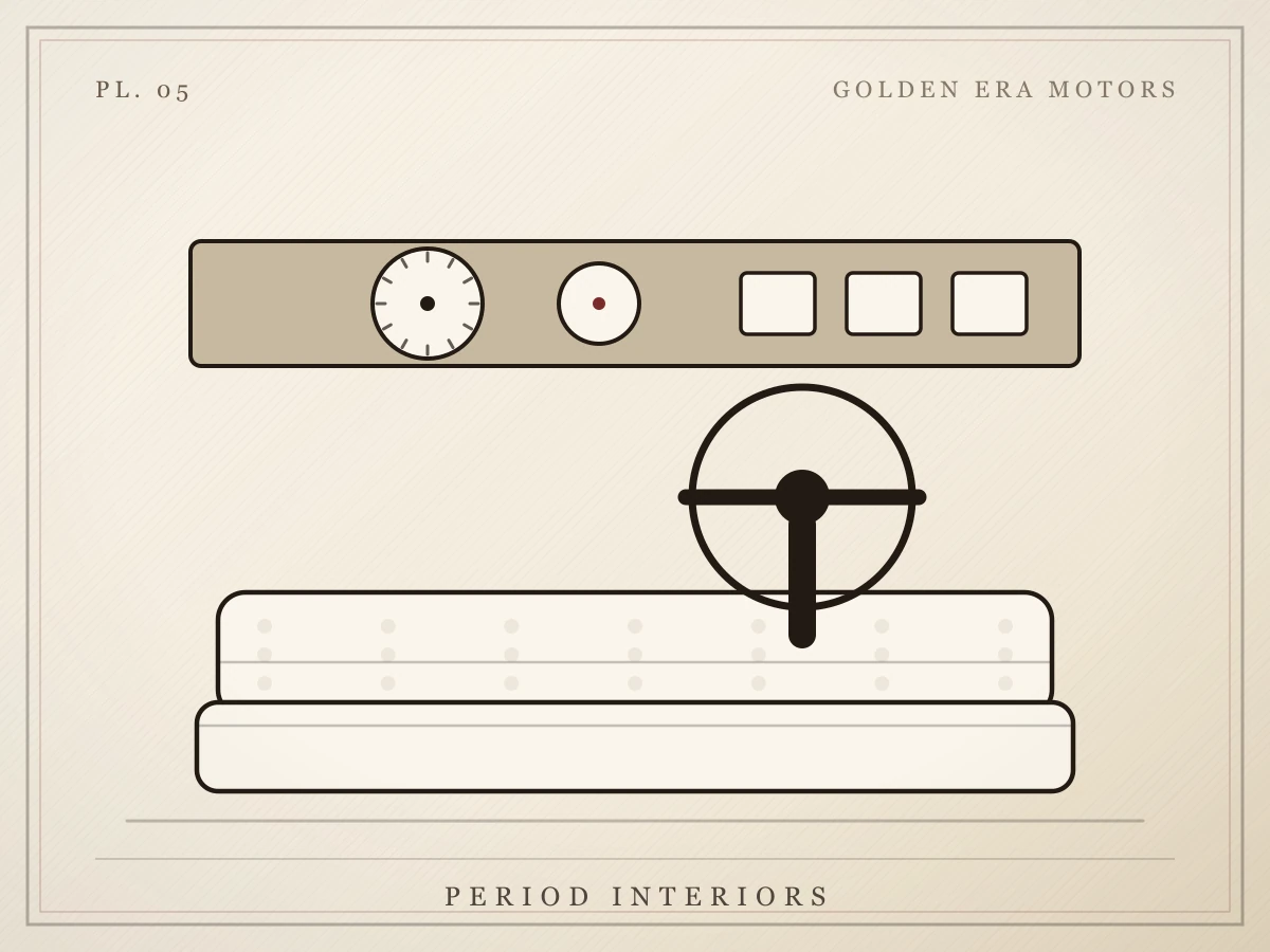 Illustration of a bench seat, steering wheel and instrument panel