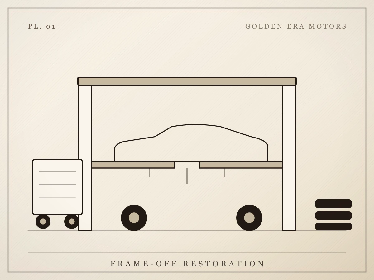 Illustration of a classic car raised on a two-post lift with its wheels set aside
