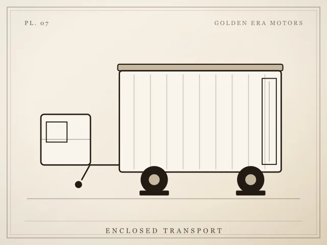 Illustration of an enclosed car trailer hitched to a tow vehicle