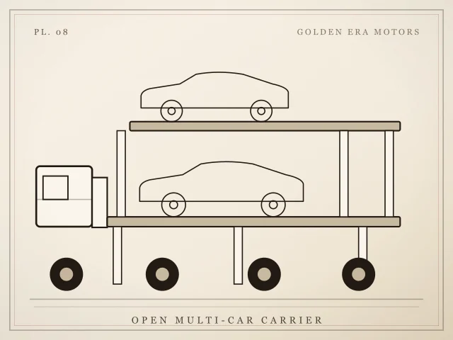 Illustration of a two-deck open car carrier loaded with two cars
